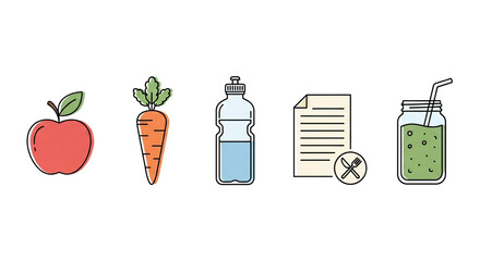 Healthy food and diet plan isolated on white background, including apple, carrot, water, recipe, and smoothie for wellness and nutrition