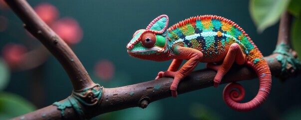 Obraz premium Vibrant Fischer's chameleon clinging to branch, Madagascar, leaf, tropical