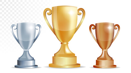 Realistic trophy cup set. Collection of elegant gold, silver, and bronze trophies representing first, second, and third place awards.