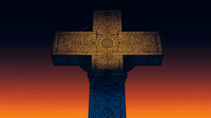 Intricate Celtic Cross Silhouette Against a Vibrant Sunset Sky