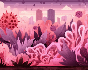 Abstract Illustration of Urban Jungle with Microorganisms and Flora