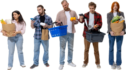Shoppers holding grocery bags and receipts with frustrated expressions. Concept of food price inflation, family budgeting, consumer stress, and cost management challenges. Transparent background