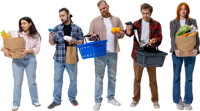 Shoppers holding grocery bags and receipts with frustrated expressions. Concept of food price inflation, family budgeting, consumer stress, and cost management challenges. Transparent background