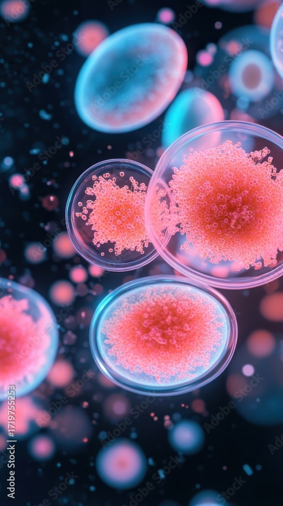 Poster bright bio spheres with glowing coral centers float in dark space with tiny particles suggesting fut