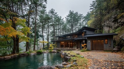 An elegant two story dark wood house surrounded by lush green trees reflects in a serene pond with fallen yellow leaves 