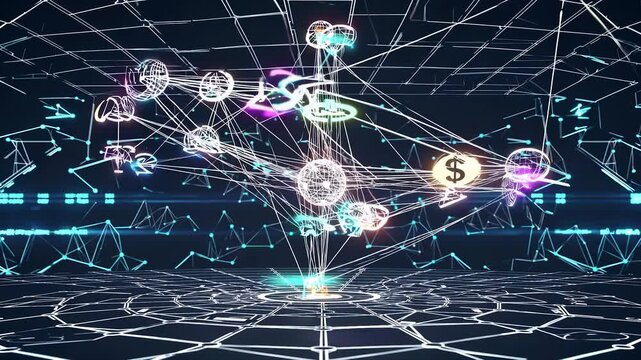 A digital network of glowing nodes and lines connects across a dark background. The glowing nodes interlink with glowing lines forming a futuristic geometric pattern.