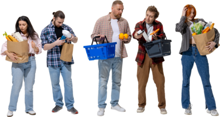 People analyzing grocery receipts with tired and stressed expressions. Concept of financial pressure, household expenses, consumer discontent, and impact of rising food costs. Transparent background