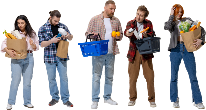 People analyzing grocery receipts with tired and stressed expressions. Concept of financial pressure, household expenses, consumer discontent, and impact of rising food costs. Transparent background