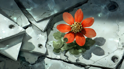Vibrant Red Flower Growing Through Cracked Concrete Surface