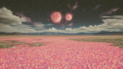 Dreamy Landscape with Pink Flowers and Distant Double Stars