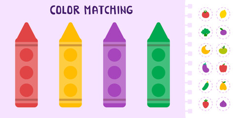 Color matching game with crayons. Cartoon kids mini game with food.