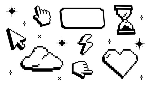 Retro pixel art icon set. Collection of 8-bit style symbols including mouse cursors, hands, heart, lightning bolt, cloud, hourglass, and speech bubble. Perfect for vintage computer themes, gaming desi