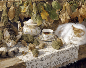 Cozy Cats Sleeping on Table with Leaves and Vintage Teacup