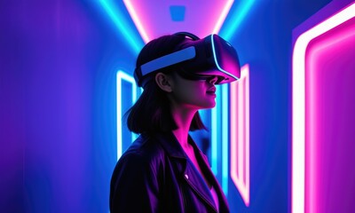 Immersive tech experience: woman exploring virtual reality with neon lights
