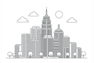 Obraz premium Stylized Gray Line Art Cityscape with Tall Buildings Trees and Clouds skyline architecture
