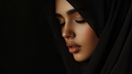 Close-up portrait of a young woman with closed eyes in dark fabric background