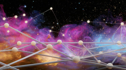 Abstract Cosmic Network with Colorful Nebula and Connecting Nodes