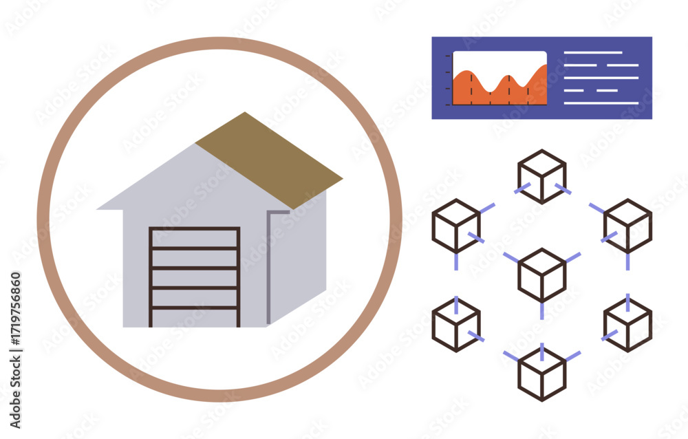 Aufkleber building with garage door, connected cubes representing network distribution, graph and data analysi