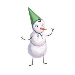 Watercolor illustration of a cute snowman