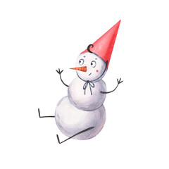 Watercolor illustration of a cute snowman