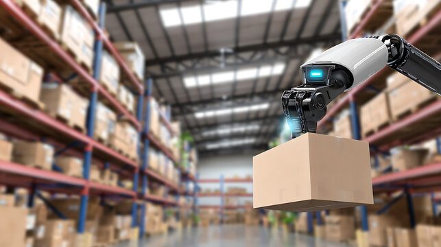 Robotic arm handling a cardboard box in a warehouse setting - Powered by Adobe