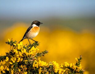 Fototapeta premium A small bird perched on bright yellow flowers