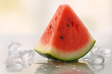 Fresh watermelon slice with ice cubes and reflection on glossy surface. Juicy red fruit isolated in minimal studio composition, perfect for summer, healthy food and advertising.