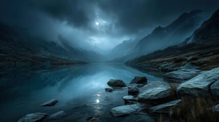 A serene lakeside view during golden hour, calm reflective water, lush green trees, wooden dock extending into the lake,