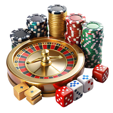 Casino roulette wheel with dice and chips isolated on transparent background