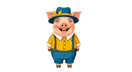 Cheerful piglet character wearing a blue hat and overalls. Anthropomorphic farm animal illustration isolated on white background for a children's story
