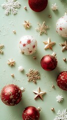 Festive Christmas ornaments in red, white, and gold on a soft green background create a seasonal atmosphere perfect for holiday decor and celebrations, inspiring joy and warmth.