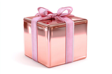 Fototapeta premium Elegant rose gold gift box with delicate pink ribbon, perfect for celebrations, promotions, and special occasions, radiating luxury and joy.