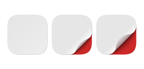 Vector set of white paper squircle stickers with red corner isolated on transparent background. Realistic square stickers curved with soft shadows.