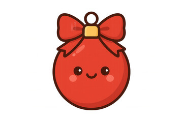 Cute smiling red christmas ornament with bow, cartoon kawaii character celebrating holiday season