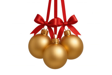 Golden christmas ornaments hanging on red ribbon bows, festive holiday season decoration on transparent background