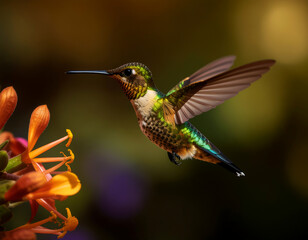 Naklejka premium Hummingbird with iridescent feathers hovers near bright orange flowers, captured in stunning detail