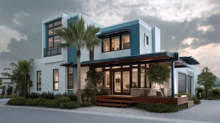 Fototapeta premium Modern two story house with white and deep gray blue colors, large vertical stripes, wooden porch, dark beams,