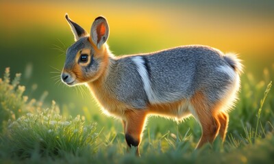 Naklejka premium Adorable young patagonian mara in vibrant meadow at sunset