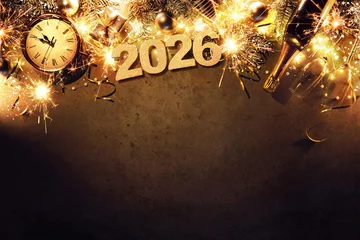 New Year 2026 holiday background with clock, christmas balls, champagne bottle, gift box and lights © Alexander Raths