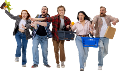 Group of people running with groceries and receipts in excited motion. Concept of consumer rush, supermarket promotions, lifestyle humor, and financial stress relief. Transparent background