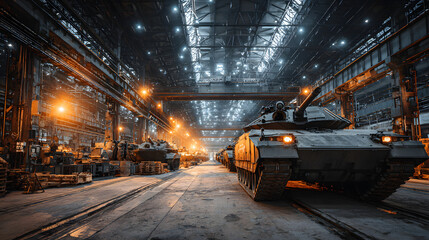 Advanced Russian arms manufacturing facility showcasing modern tanks and military vehicles in a large industrial setting