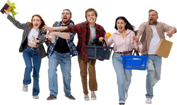 Group of people running with groceries and receipts in excited motion. Concept of consumer rush, supermarket promotions, lifestyle humor, and financial stress relief. Transparent background