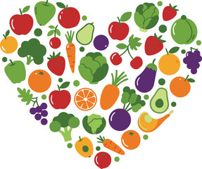 Vibrant heart made of fruits and vegetables promotes healthy eating and wellness for a balanced diet and lifestyle with apples, oranges, carrots