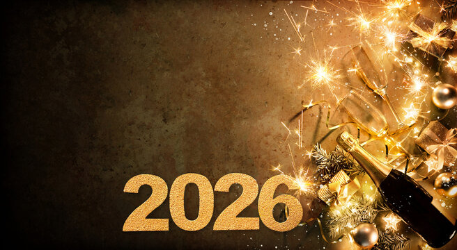 New Years Eve holiday background with fir branches, number 2026, champagne bottle, christmas balls, gift box and lights