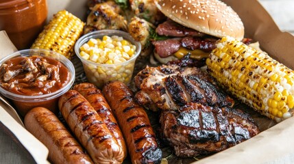 Delicious Barbecue Feast with Various Meat, Corn, and Buns