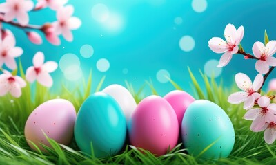 Colorful easter eggs in grass with blossoms and bright bokeh background
