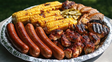 Grilled Summer Feast with Sausages, Corn, Chicken, and Pickles