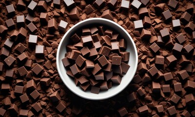 White bowl filled with chocolate cubes surrounded by cocoa sprinkled surface