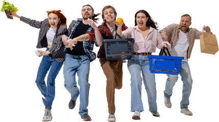 People rushing with grocery baskets and receipts in fast movement. Concept of price challenges,...