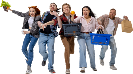 People rushing with grocery baskets and receipts in fast movement. Concept of price challenges, shopping rush, consumer culture, and lifestyle urgency. Transparent background